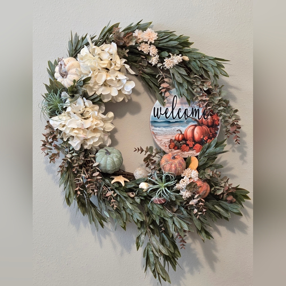 Autumn Coastal Welcome Wreath with Pumpkins, Shells, and Greenery